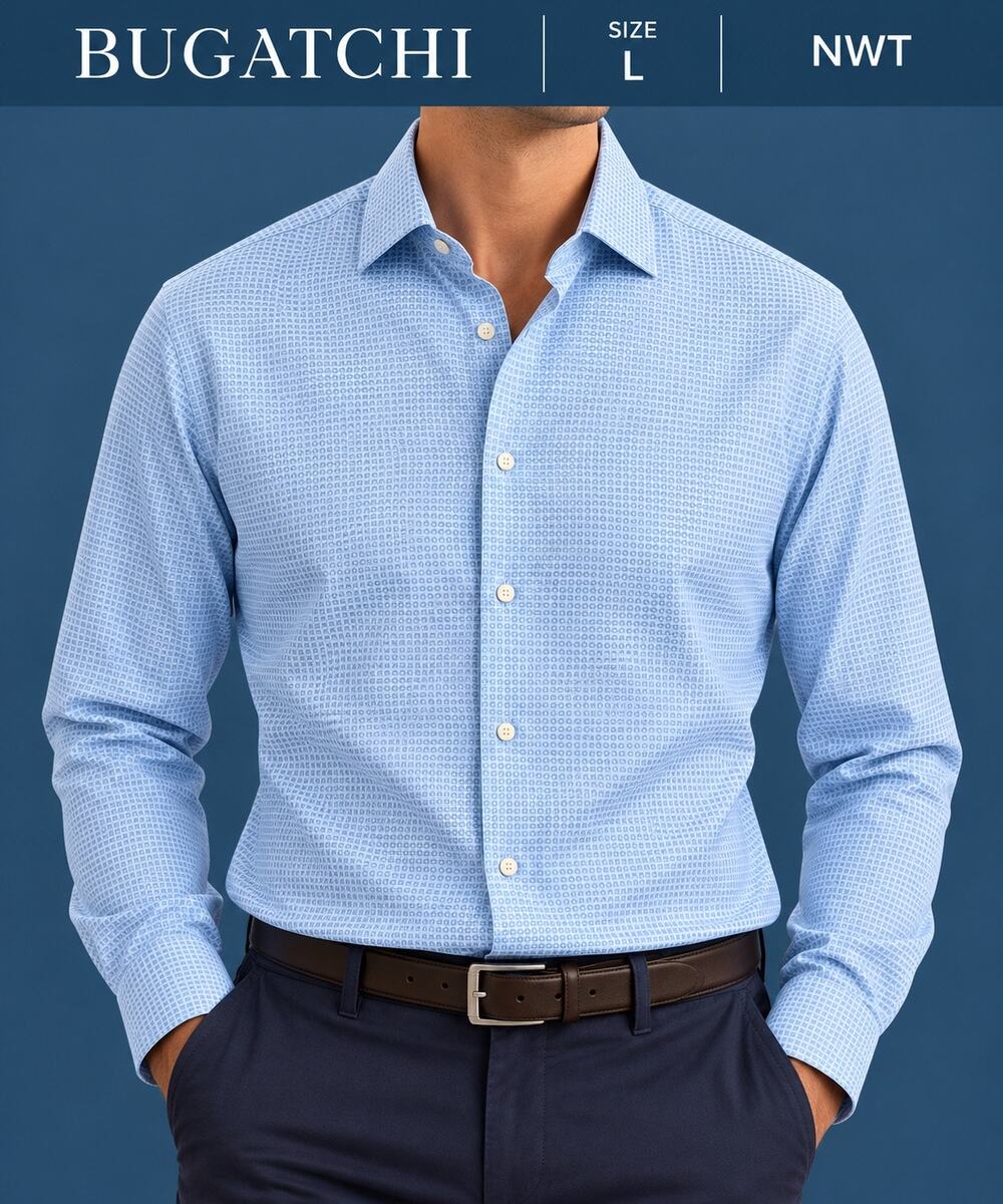 Bugatchi Ice Blue Button Front Shirt Large NWT Textured Luxury MSRP $179